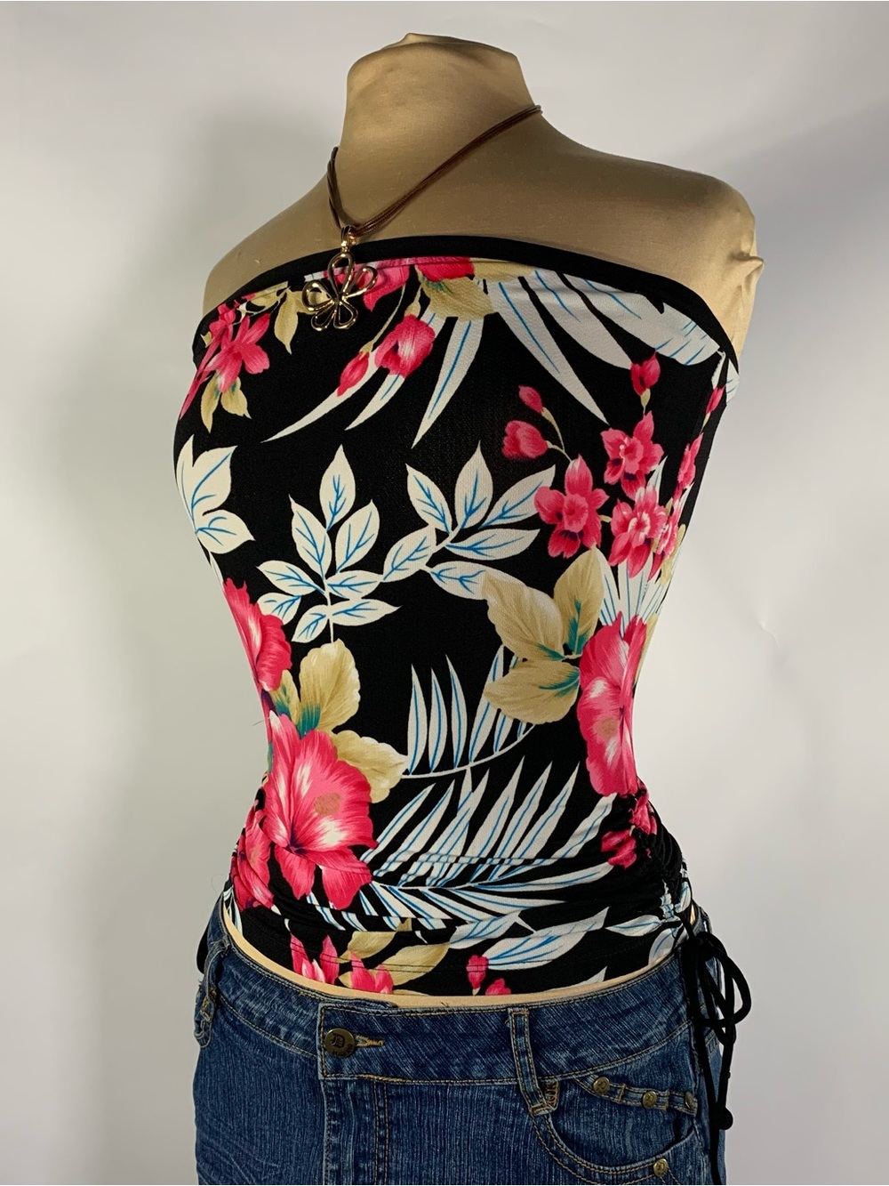 Forever 21 Y2K Floral Ruched Tube Top Black Pink M